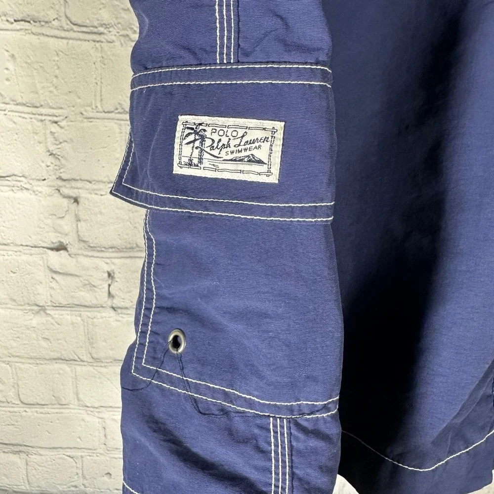 Polo Ralph Lauren Mens Swim Trunks XL Navy Blue Green Pony Cargo Pocket Shorts‎